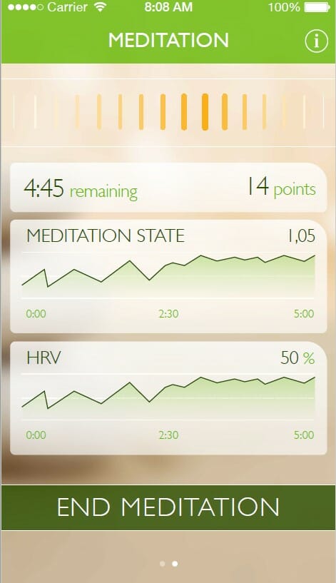 Meditate 101 mobile app during meditation, dashboard view