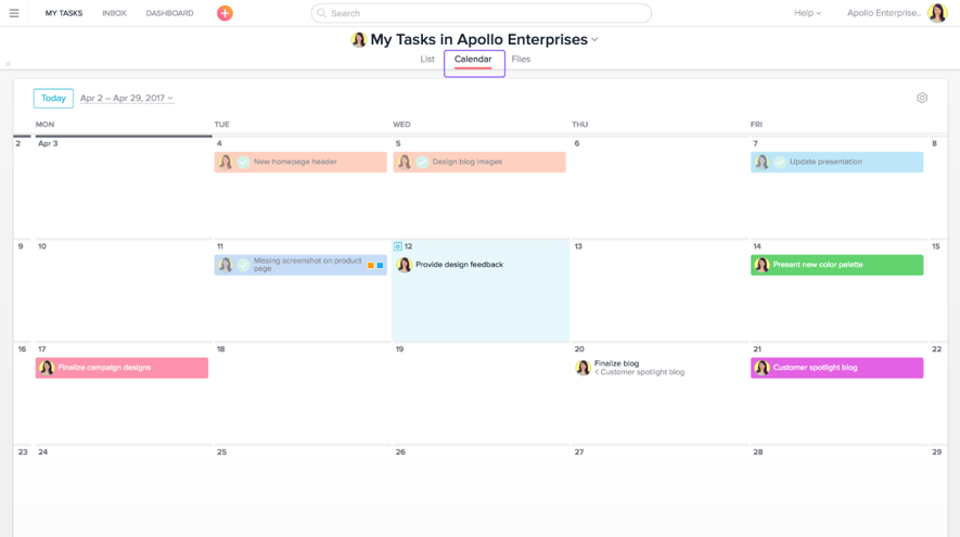 Calendar with roles and tasks in Asana Project Management Software