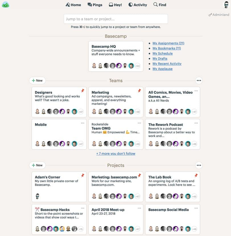 Control panel of Basecamp Project Management Software