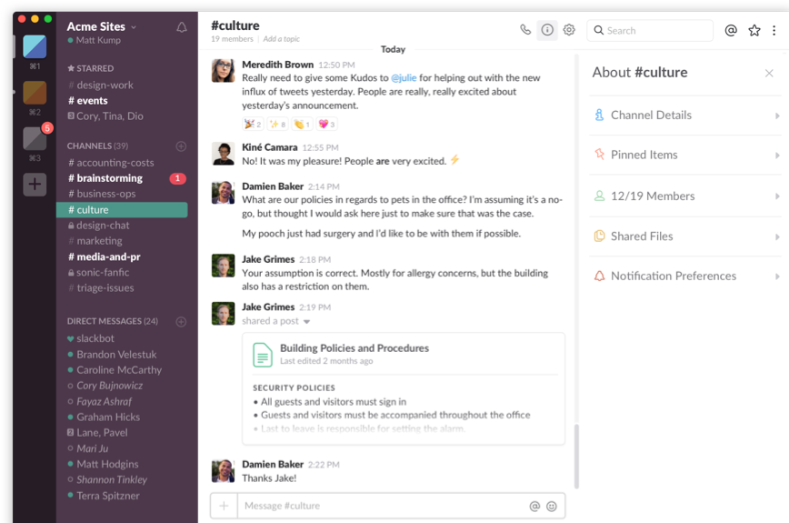 Admin panel of Slack project management software